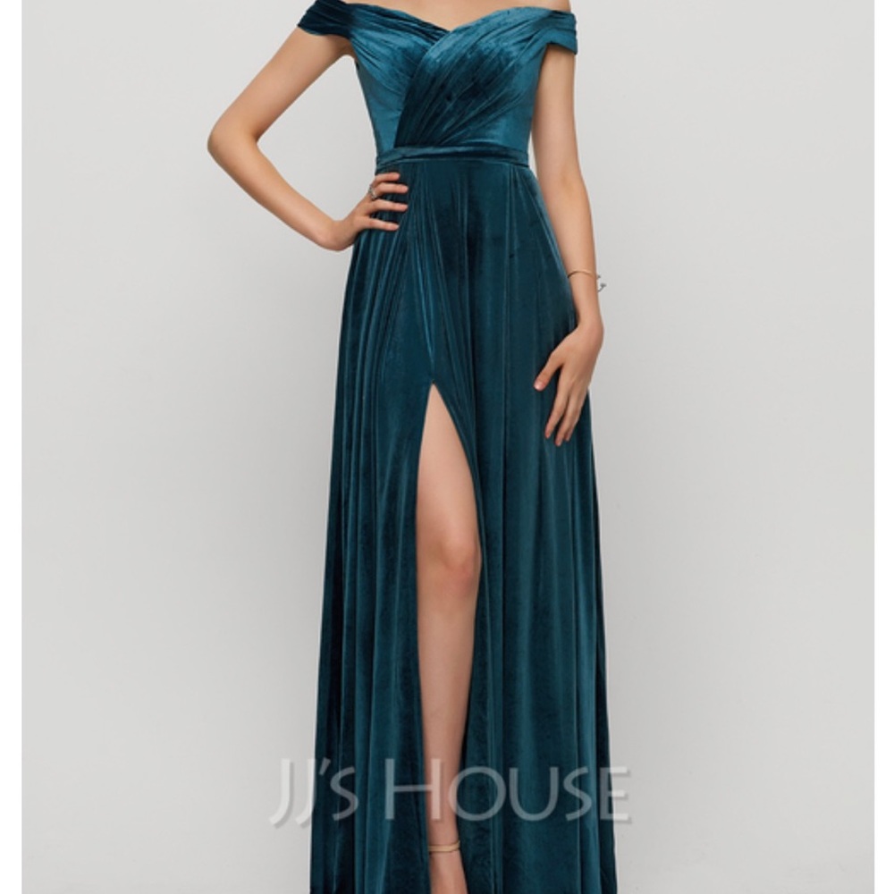 JJs House Teal Off-Shoulder Velvet Strapless Evening Gown with Thigh Slit